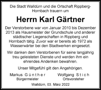 Traueranzeige von Karl Gärtner von Fränkische Nachrichten