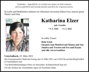 Traueranzeige von Katharina Elzer von Fränkische Nachrichten