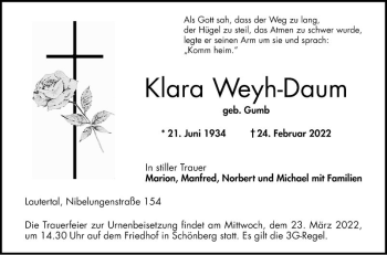 Traueranzeige von Klara Weyh-Daum von Bergsträßer Anzeiger