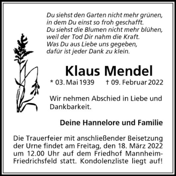 Traueranzeige von Klaus Mendel von Mannheimer Morgen