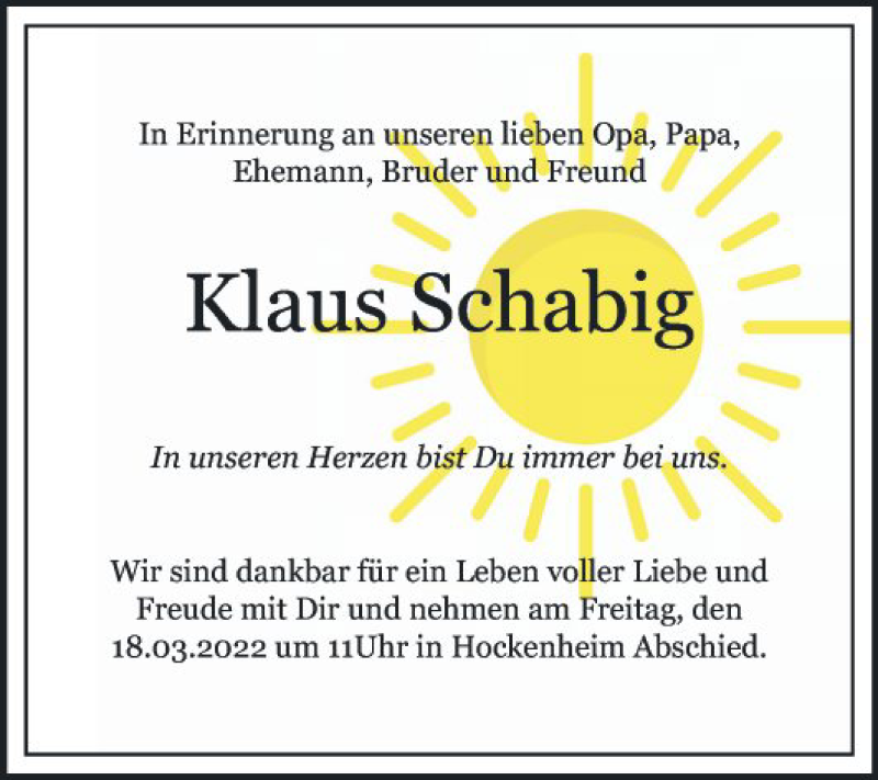  Traueranzeige für Klaus Schabig vom 12.03.2022 aus Mannheimer Morgen