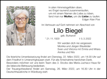 Traueranzeige von Lilo Biegel von Fränkische Nachrichten