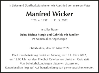 Traueranzeige von Manfred Wicker von Fränkische Nachrichten