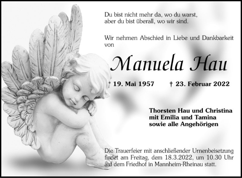  Traueranzeige für Manuela Hau vom 05.03.2022 aus Mannheimer Morgen