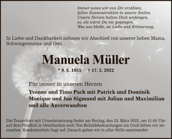 Traueranzeige von Manuela Müller von Fränkische Nachrichten