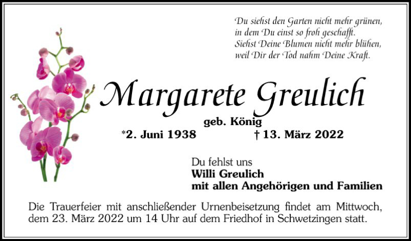  Traueranzeige für Margarete Greulich vom 19.03.2022 aus Schwetzinger Zeitung
