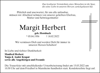 Traueranzeige von Margit Herbert von Mannheimer Morgen