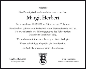 Traueranzeige von Margit Herbert von Mannheimer Morgen