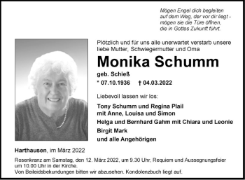 Traueranzeige von Monika Schumm von Fränkische Nachrichten