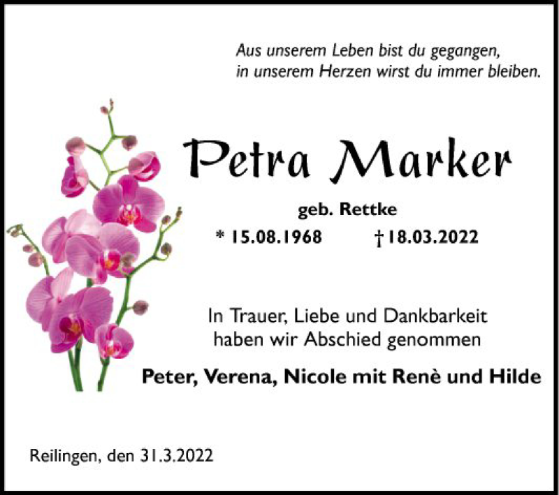  Traueranzeige für Petra Marker vom 31.03.2022 aus Schwetzinger Zeitung