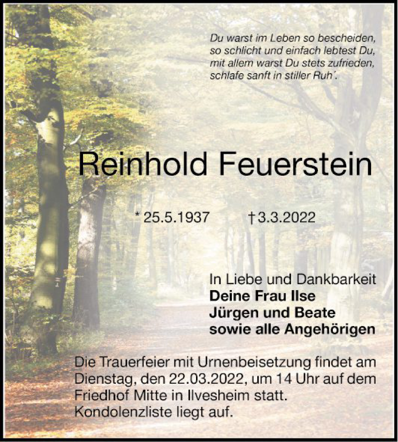  Traueranzeige für Reinhold Feuerstein vom 12.03.2022 aus Mannheimer Morgen