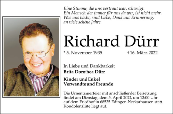 Traueranzeige von Richard Dürr von Mannheimer Morgen