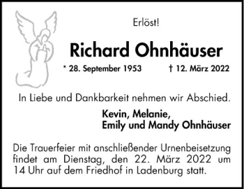 Traueranzeige von Richard Ohnhäuser von Mannheimer Morgen