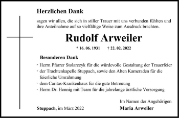 Traueranzeige von Rudolf Arweiler von Fränkische Nachrichten