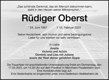 Traueranzeige von Rüdiger Oberst von Mannheimer Morgen