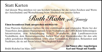 Traueranzeige von Ruth Hahn von Schwetzinger Zeitung