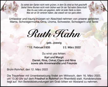 Traueranzeige von Ruth Hahn von Schwetzinger Zeitung