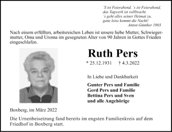 Traueranzeige von Ruth Pers von Fränkische Nachrichten