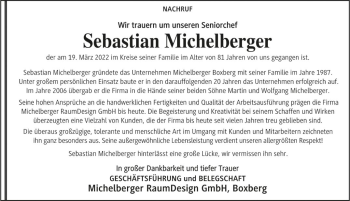 Traueranzeige von Sebastian Michelberger von Fränkische Nachrichten