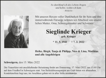 Traueranzeige von Sieglinde Krieger von Fränkische Nachrichten