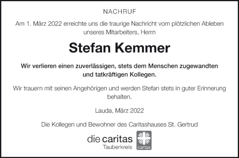  Traueranzeige für Stefan Kemmer vom 15.03.2022 aus Fränkische Nachrichten