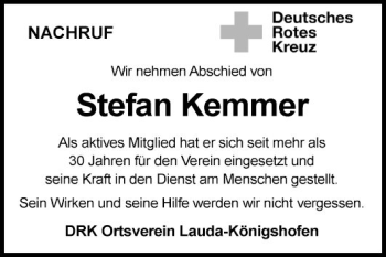 Traueranzeige von Stefan Kemmer von Fränkische Nachrichten