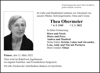 Traueranzeige von Thea Obermeier von Fränkische Nachrichten