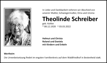 Traueranzeige von Theolinde Schreiber von Fränkische Nachrichten