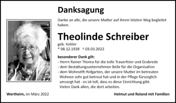 Traueranzeige von Theolinde Schreiber von Fränkische Nachrichten