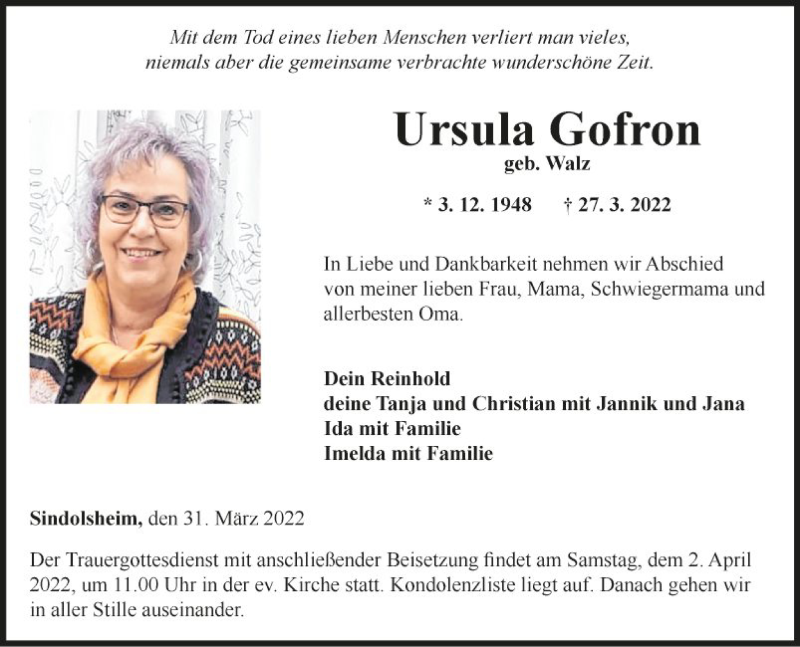  Traueranzeige für Ursula Gofron vom 31.03.2022 aus Fränkische Nachrichten