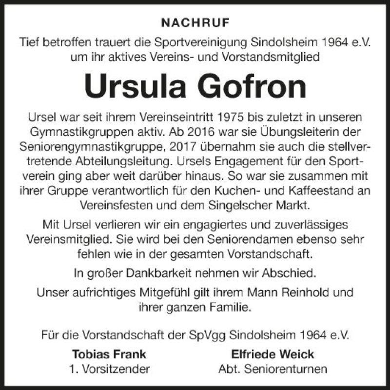  Traueranzeige für Ursula Gofron vom 01.04.2022 aus Fränkische Nachrichten