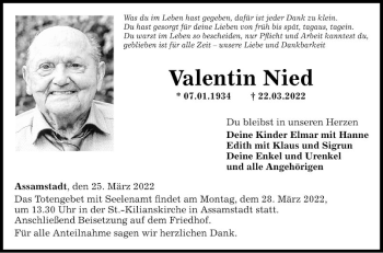 Traueranzeige von Valentin Nied von Fränkische Nachrichten