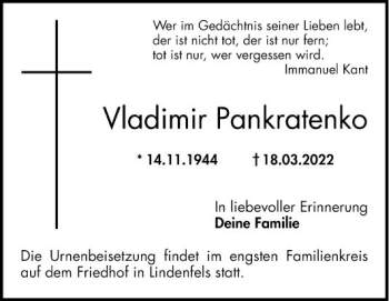 Traueranzeige von Vladimir Pankratenko von Bergsträßer Anzeiger