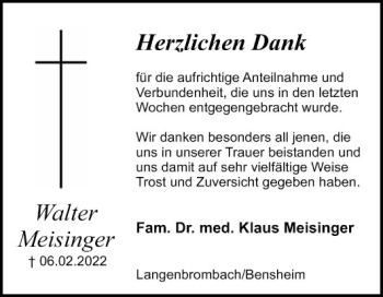 Traueranzeige von Walter Meisinger von Bergsträßer Anzeiger