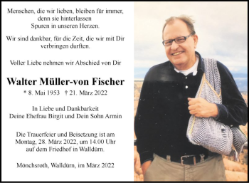 Traueranzeige von Walter  Müller-von Fischer von Fränkische Nachrichten