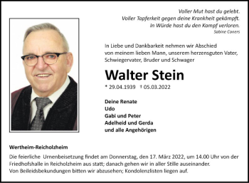 Traueranzeige von Walter Stein von Fränkische Nachrichten