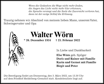 Traueranzeige von Walter Wörn von Schwetzinger Zeitung