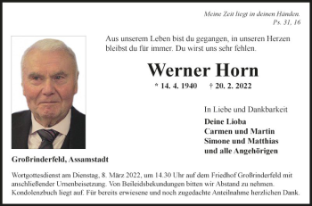 Traueranzeige von Werner Horn von Fränkische Nachrichten