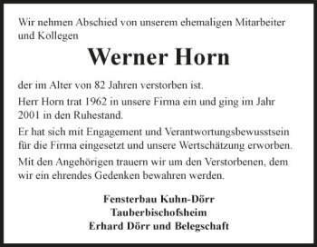 Traueranzeige von Werner Horn von Fränkische Nachrichten