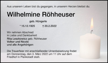 Traueranzeige von Wilhelmine Röhheuser von Schwetzinger Zeitung