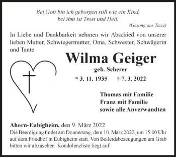 Traueranzeige von Wilma Geiger von Fränkische Nachrichten