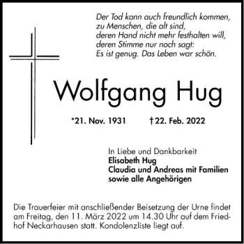 Traueranzeige von Wolfgang Hug von Mannheimer Morgen