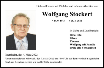 Traueranzeige von Wolfgang Stockert von Fränkische Nachrichten