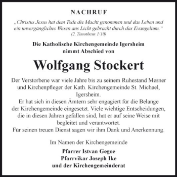 Traueranzeige von Wolfgang Stockert von Fränkische Nachrichten