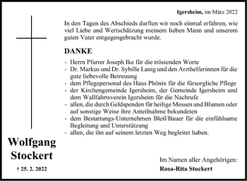 Traueranzeige von Wolfgang Stockert von Fränkische Nachrichten