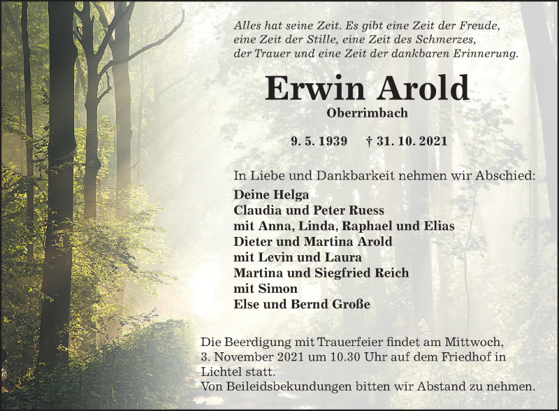  Traueranzeige für Erwin Arnold vom 03.11.2021 aus 