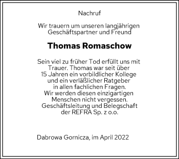 Traueranzeige von Thomas Romaschow von Schwetzinger Zeitung