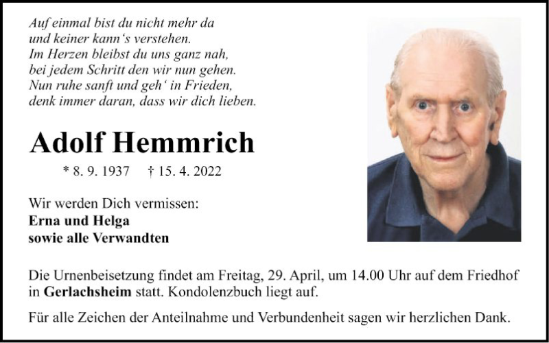  Traueranzeige für Adolf Hemmrich vom 26.04.2022 aus Fränkische Nachrichten