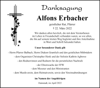 Traueranzeige von Alfons Erbacher von Fränkische Nachrichten