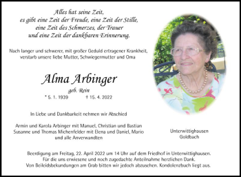 Traueranzeige von Alma Arbinger von Fränkische Nachrichten